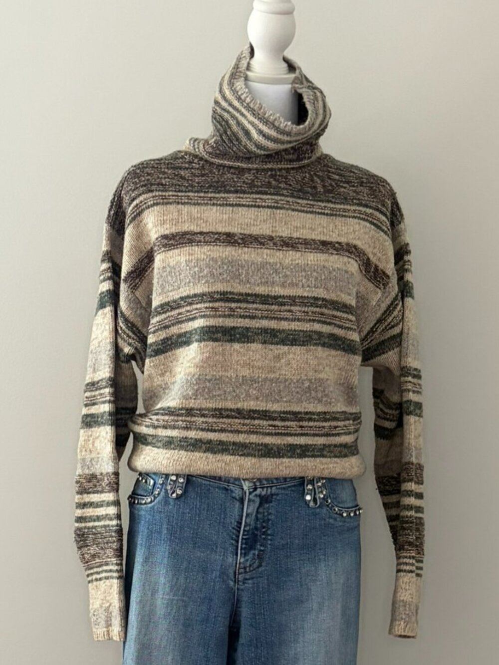 Vintage Esprit Earth Tone Striped Turtleneck Lambswool Knit Sweater M